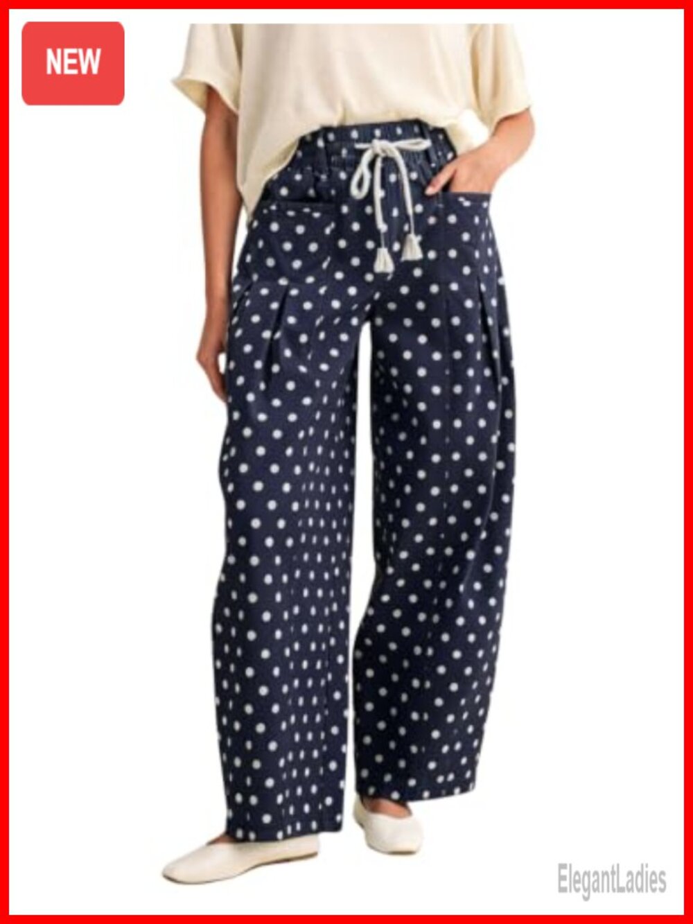 Polka Dot Wide Leg Barrel Trousers High Rise Drawstring Casual Pants